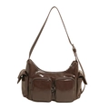 Vintage dark brown glossy shoulder bag with multiple pockets and functional zippers - Brown