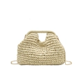 Handmade cream woven straw handbag featuring a gold metal chain strap and top handle - Off White