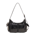Black glossy patent leather hobo bag with multiple pockets and adjustable strap - Black
