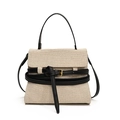 Bolso trapezoidal de lona beige con ribete de cuero negro y hebilla dorada elegante - Negro