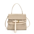 Bolso elegante de lona beige con ribete de cuero marrón y hebilla dorada - Blanco