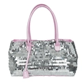 Glitzernde silberne Pailletten-Tragetasche mit rosa Ledergriffen und Anhänger - Rosa