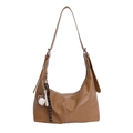 Brown faux leather hobo shoulder bag with a creative baseball pendant in a minimalist design - With Pendant / Brown