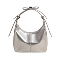 Silver metallic crescent bucket bag with bow detail and Y2K mirror finish fashion style - Silver