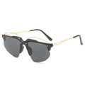Y2K style half-frame gold metal sunglasses with black lenses and geometric cut-out detail - Black Frame Grey Lens