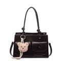 Borsa tote retrò marrone scuro con doppie tasche frontali e ciondolo orsetto rosa - Con Ciondolo / caffè