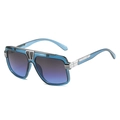 Modern square retro sunglasses with blue transparent frames and silver metal accents - Blue Frame Gray Blue Lens