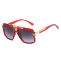 Retro square sunglasses with red translucent frames and golden mesh metal bridge accents - Red Frame Double Grey Lens
