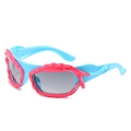 Y2K style light blue sunglasses with pink wave frame for kids and women party wear - Blue Frame Pink Trim Grey Lens