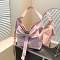 Pink faux leather tote bag with rivet bow decoration and wide shoulder strap - Pink