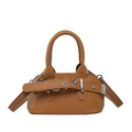 Brown lychee leather mini shell crossbody bag with decorative silver buckle and top handles - Brown