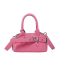 Pink lychee texture leather mini handbag with top handles and silver buckle belt detail - Pink