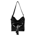 Glossy black rivet bow shoulder bag made of shiny patent leather with rhinestone accents - Black