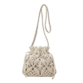 Handmade cream macrame bucket bag with woven geometric patterns and shoulder strap - Khaki