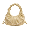 Chic creamy yellow ruched cloud bag with pearl chain and gold metal shoulder strap - Yellow