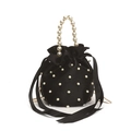 Elegant black satin pearl bucket bag with drawstring closure and large pearl handle - Black