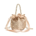 Elegant champagne satin drawstring bucket bag with pearl embellishments and chain strap - Beige