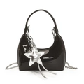 Glossy black patent leather crescent handbag with silver star charm and chain strap - Black (With Charm)