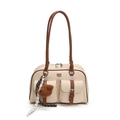 Borsa bowling minimalista in tela con finiture in pelle marrone e portachiavi a orsetto - Con Ciondolo / Marrone
