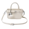 Beige lychee pattern leather mini tote bag with silver heart charm and crossbody strap - Off White