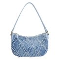 Light blue denim hobo bag with quilted diamond pattern and frayed fringe details - Blue