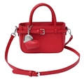 Red lychee textured handbag with adjustable strap and silver heart pendant detail - Red