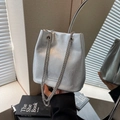 Silver crackle leather bucket bag with dual metallic chain straps and minimalist accents - Silver