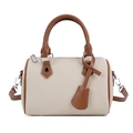 Cream and brown Boston bag in textured lychee leather with silver hardware and shoulder strap - White