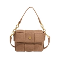 Fashionable khaki woven square crossbody bag with gold camellia floral metal logo - Straight Edge Style (3116) / Khaki