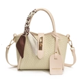 Cream woven bucket bag with gold clasp, patterned scarf handle and shoulder strap - Off White