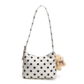 Polka dot canvas shoulder bucket bag for women with cute brown plush bear pendant - Single Bag / White