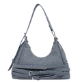 Graublaue Denim Hobo-Tasche mit dekorativen Silberschnallen-Riemen auf weißem Hintergrund - Dunkelblau