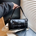Glossy black underarm bag with retro pleated texture and silver rivet decorations - One Size / Black