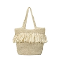 Beige bohemian straw tote bag with long tassels for summer beach vacation style - Off White