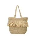 Bohemian woven straw tote bag in natural beige with stylish long fringe tassels - Khaki
