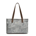 Retro grey canvas tote bag with dark brown leather straps and gold FASHION lettering - Blue