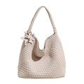 Creamy white hand-woven leather tote bag with star charm and large capacity design - Large / White