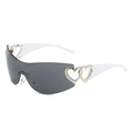 Y2K rimless heart sunglasses with white frames and grey lenses in high fashion sports style - White Temples Gray Lens