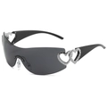 Y2K frameless heart sunglasses with black lenses and silver heart metal detail - Black Frame Grey Lens