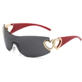 Y2K frameless wrap-around sunglasses with red temples and gold heart metal accents - Red Frame Solid Grey Lens