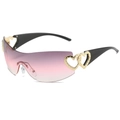 Y2K rimless sports sunglasses with purple gradient lenses and gold heart details - Black Frame Grey Pink Lens