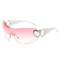 Y2K rimless sports sunglasses with pink gradient lenses and white heart detail temples - White Frame Gradient Pink Lens