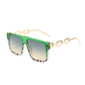 Green transparent square sunglasses with tortoiseshell accents and gold chain temples - Green Leopard Frame Green Yellow Lens