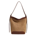 Grande borsa a secchiello in paglia intrecciata con finiture in pelle marrone estiva - Marrone