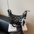 Quilted black baguette bag with sparkling rhinestones and a pearl lace bow pendant - Black with Pendant