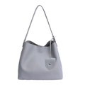 Minimalist light grey leather tote bag with subtle pebble grain and long shoulder strap - Grey Blue
