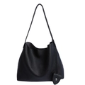 Minimalist black hobo shoulder bag with litchi grain texture and metallic charm - Black