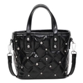 Quilted black bucket bag with silver stud accents and a sleek glossy finish - Black