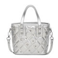 Metallic silver quilted handbag with diamond pattern and rhinestone studs in variant finish - Silver