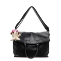 Bolso tote retro de cuero suave negro con textura de lichi y lindo colgante de perrito - Negro (Con Colgante)